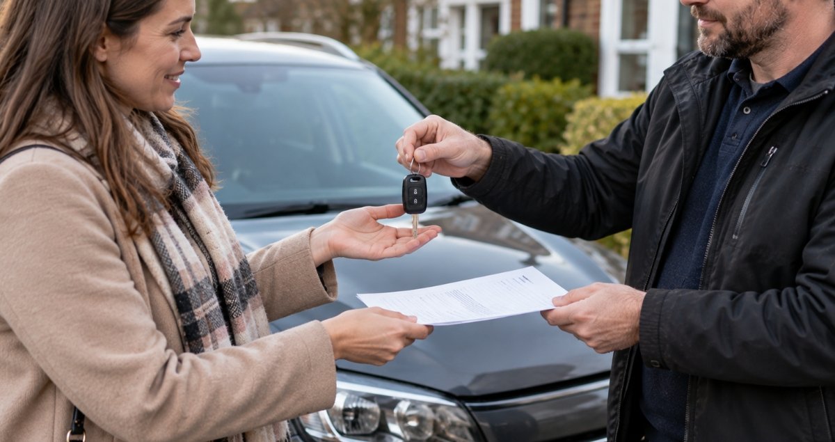 Buyer and seller exchanging paperwork and keys for a used car sale