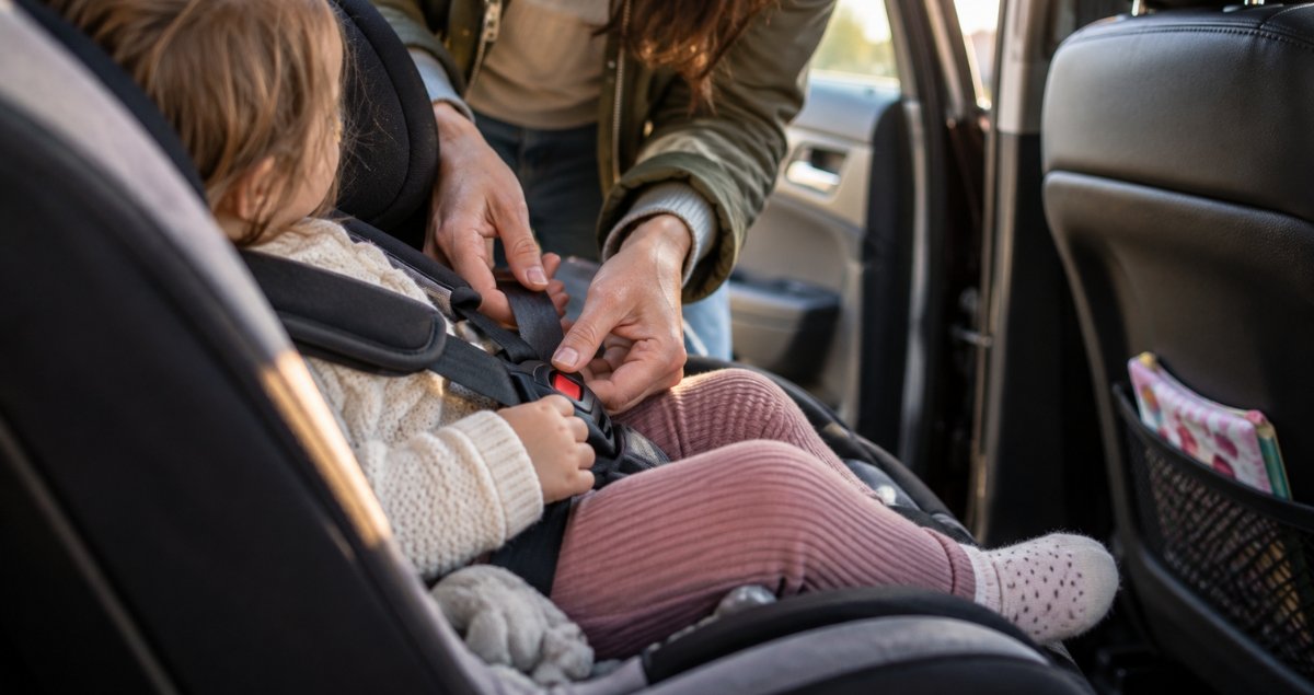 Parent buckling a young child into a rear-facing car seat
