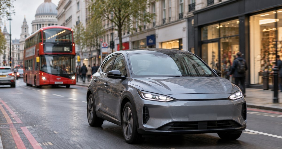 Electric car driving through a UK city centre street
