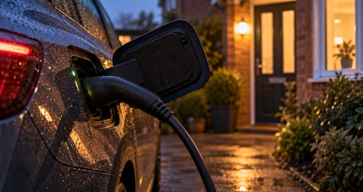 Electric car charging on a home driveway overnight