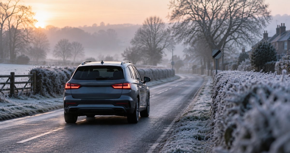 Family car driving on a frosty UK road in winter