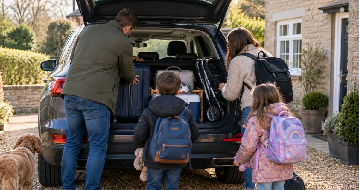 Family loading luggage and children's items into a car boot