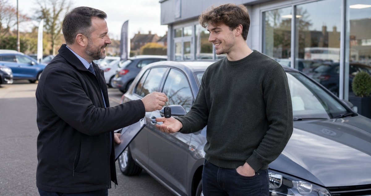 New driver receiving car keys from a dealer, their first car