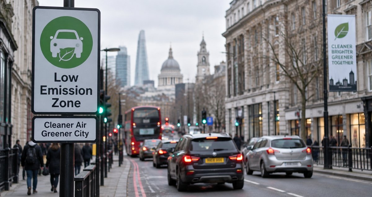 UK city street with congestion charge and emissions zone signage context