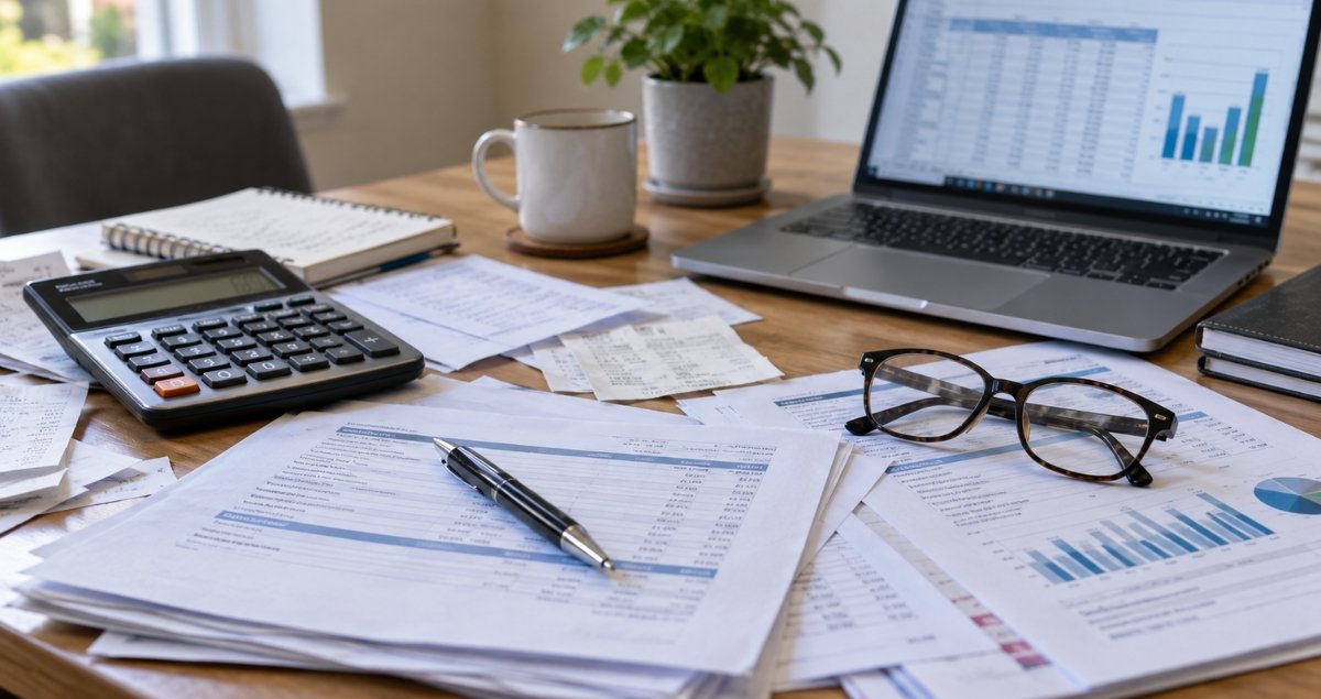 Car finance and tax paperwork spread on a desk