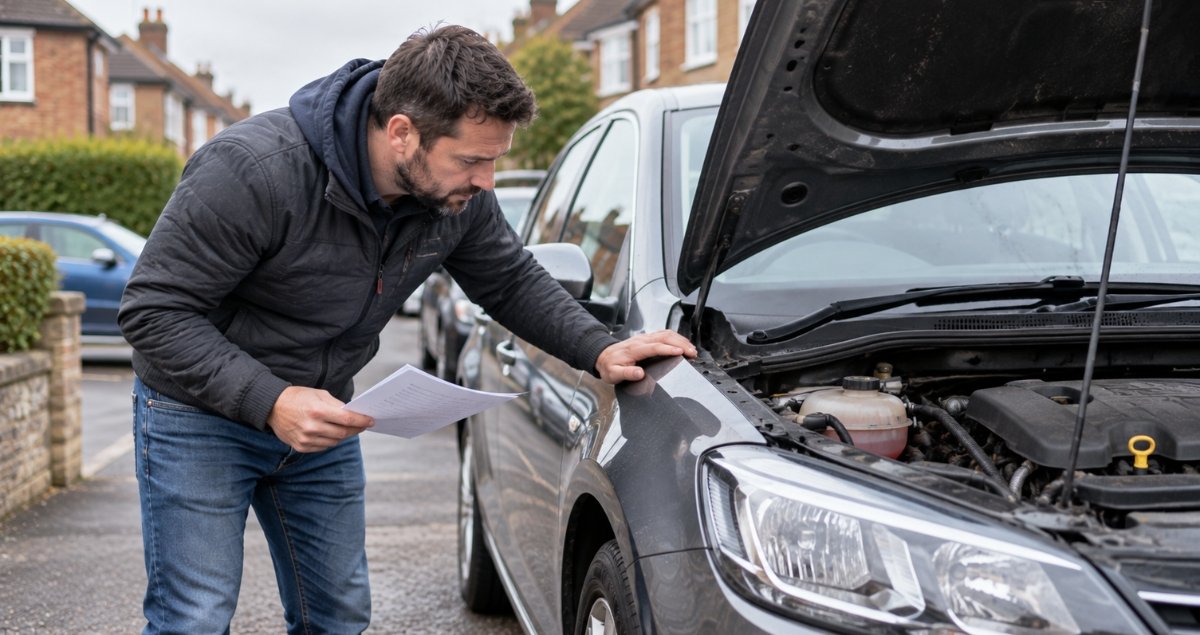 Person inspecting a used car before buying, checking under the bonnet