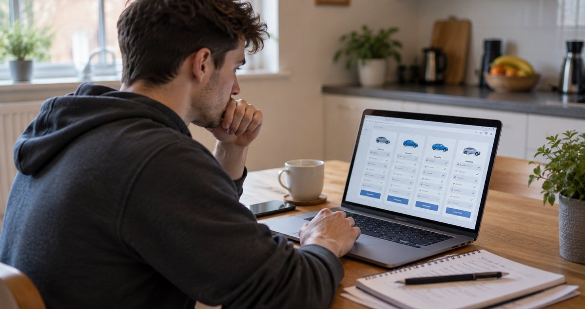 Young driver comparing car insurance quotes on a laptop