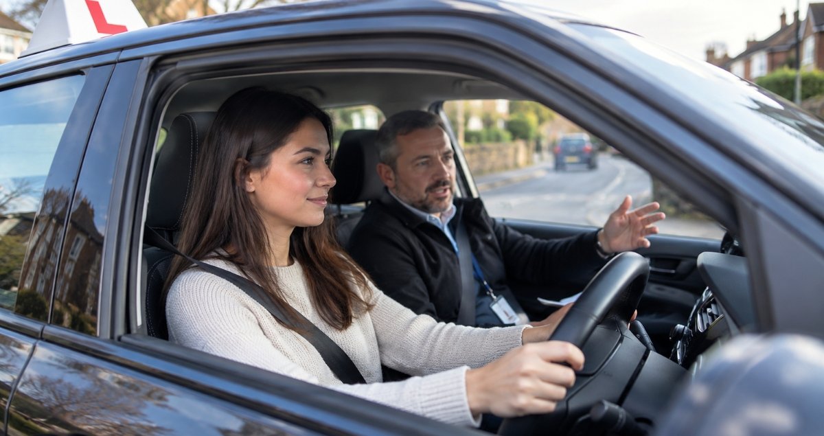 Learner driver having a driving lesson with an instructor