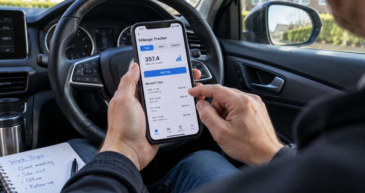 Person logging business mileage on a phone app while parked