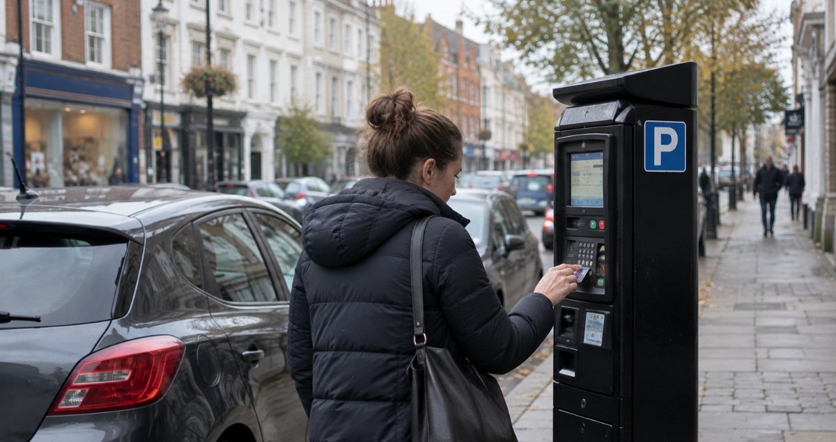 Pay and display parking machine on a busy UK city street