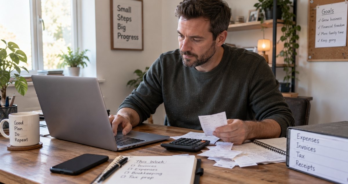 Self-employed person preparing tax return paperwork and mileage records at a desk