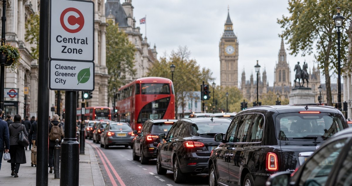 Traffic in central London near a Congestion Charge zone sign