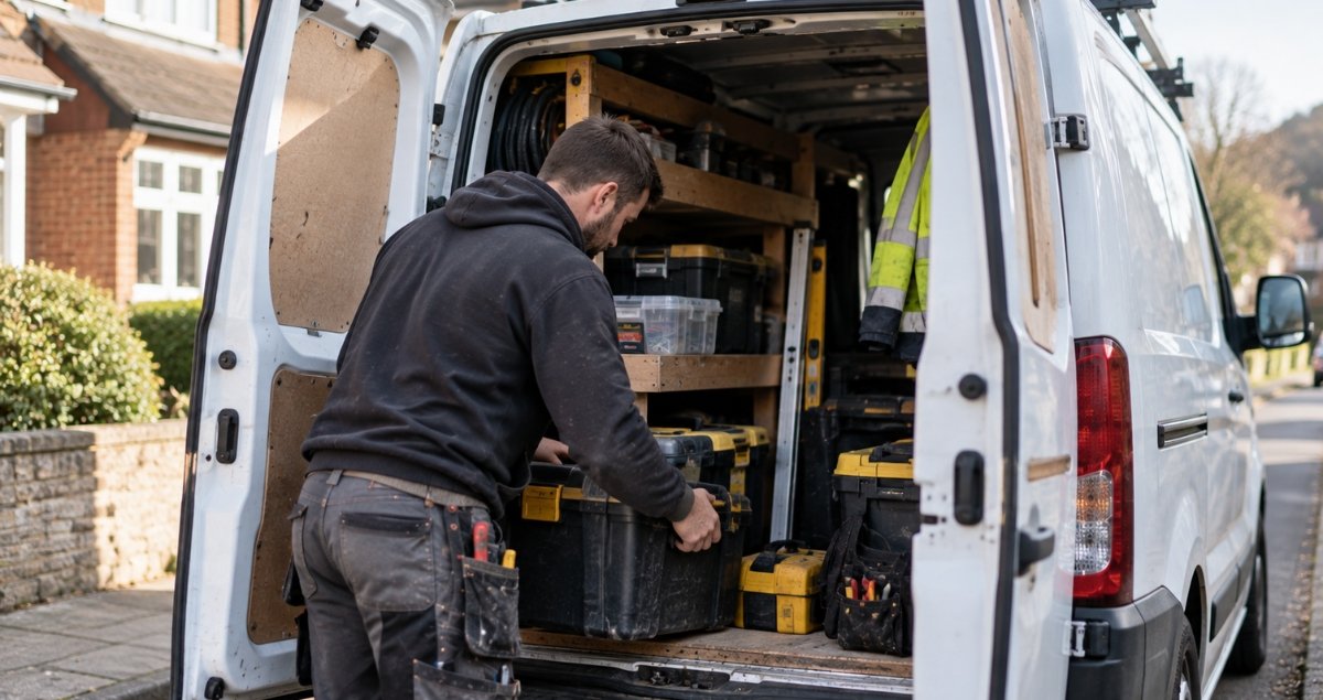 Tradesperson loading tools into a work van