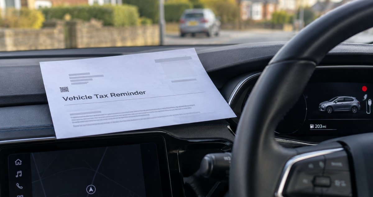Vehicle tax reminder letter next to an electric car dashboard