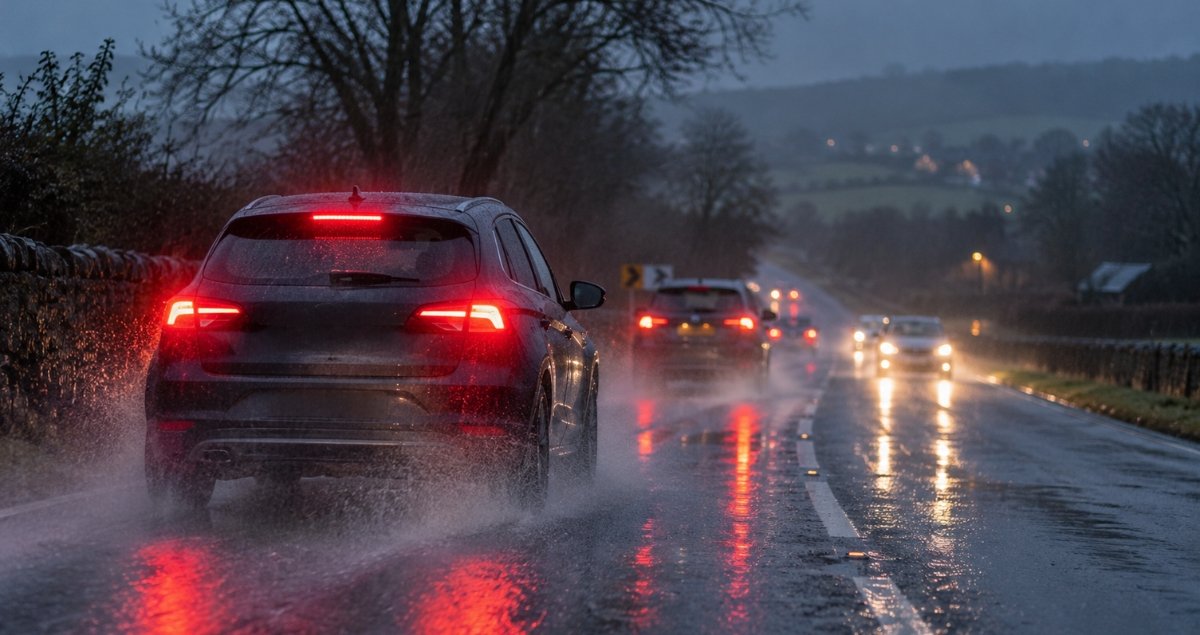 Car braking on a wet UK road in low light conditions