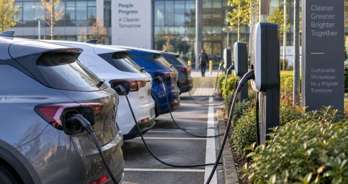 Electric cars charging at workplace charging points